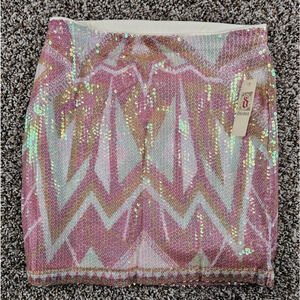 Decree Womens Sz M Mini Length Pencil Skirt Pink White Sequin Bling NEW